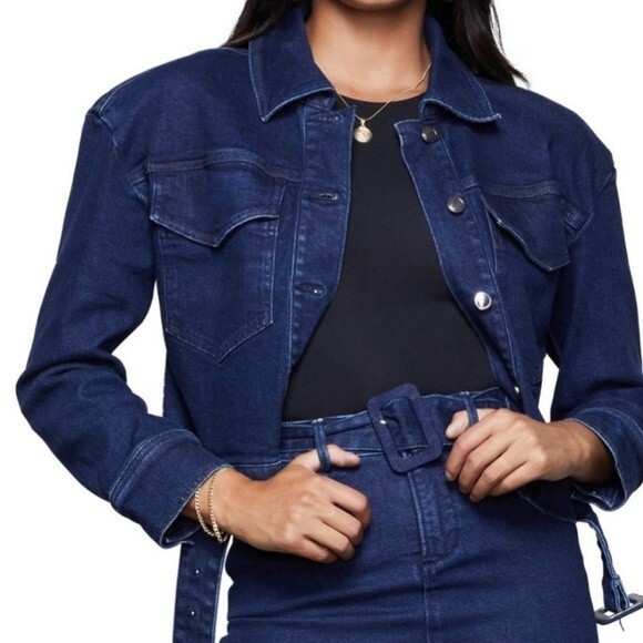 Good American The 70's Icon Belted Denim Jacket Size Large (3) NWT - Picture 1 of 10
